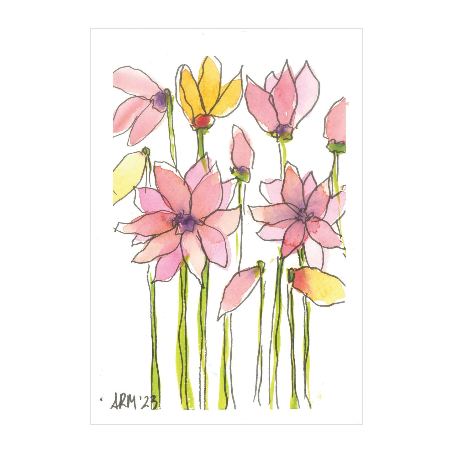 The Rustic County original watercolor titled "Wildflower Whimsy" beautifully captures pink and yellow flowers with long green stems. The flowers exude a whimsical spirit against a white background, presented in a loose, sketchy style. The artwork is signed with the initials "ARM '23" in the bottom left corner.