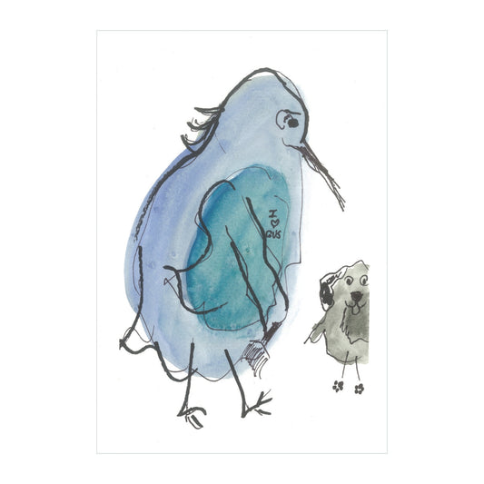 The "Birdie & Bark Bliss - Original Watercolor" by Rustic County showcases a tall, blue bird with a long beak next to a fluffy, greenish-grey companion. The larger bird is embellished with abstract shapes, both displaying simple yet expressive designs. This artwork is signed by Ashley.