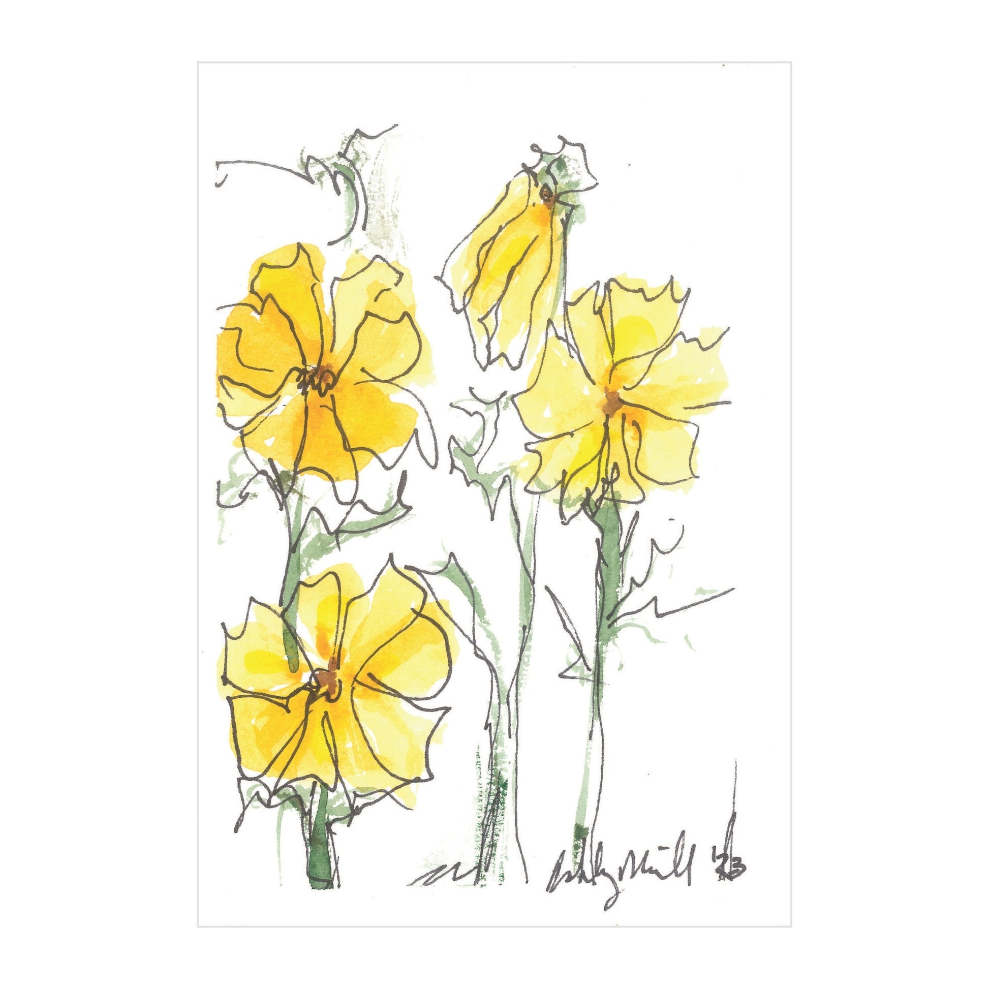 Rustic County's original watercolor, "Primrose Perfection," by Ashley, showcases yellow flowers with green stems and leaves on a crisp white background. The loose and expressive lines give the blooms a vivid and lively presence.