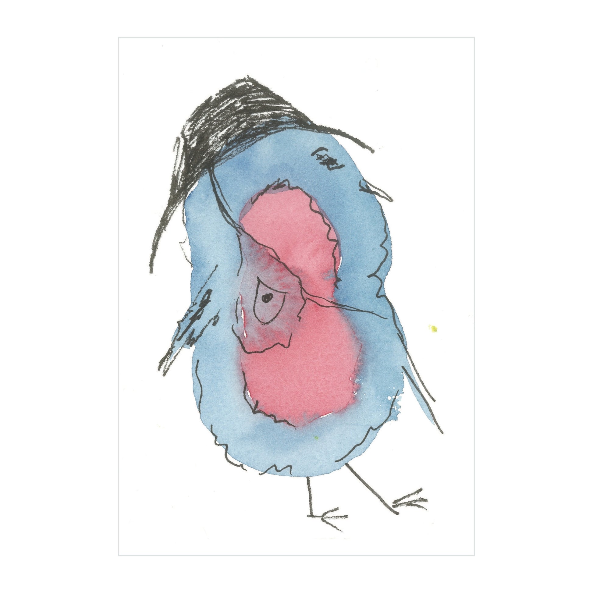 The Charming Chirper - Original Watercolor by Rustic County depicts a whimsical bird with a blue and red body and an exaggeratedly large head. Ashley's art style is marked by its simple, child-like design, featuring black outlines and minimal details as it stands proudly on two thin legs.