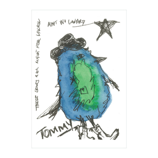 This whimsical watercolor artwork, titled "Coward of the County - Original Watercolor" by Rustic County, brings imaginative artistry to life with a playful scene. A vibrant blue and green bird, wearing a hat and boots under a shining star, is accompanied by the text "Ain't no coward" and "These boots are made for walking." Signed by "Tommi," it's an enchanting expression of adventure.