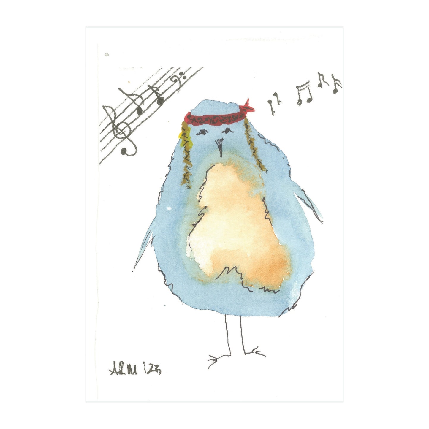 Willie Warble - Original Watercolor by Rustic County is a whimsical illustration featuring a blue bird adorned with a red bandana, long hair, and sunglasses. Musical notes and a treble clef add rhythm to the background of this signed art piece, embodying the essence of playful bird artwork.