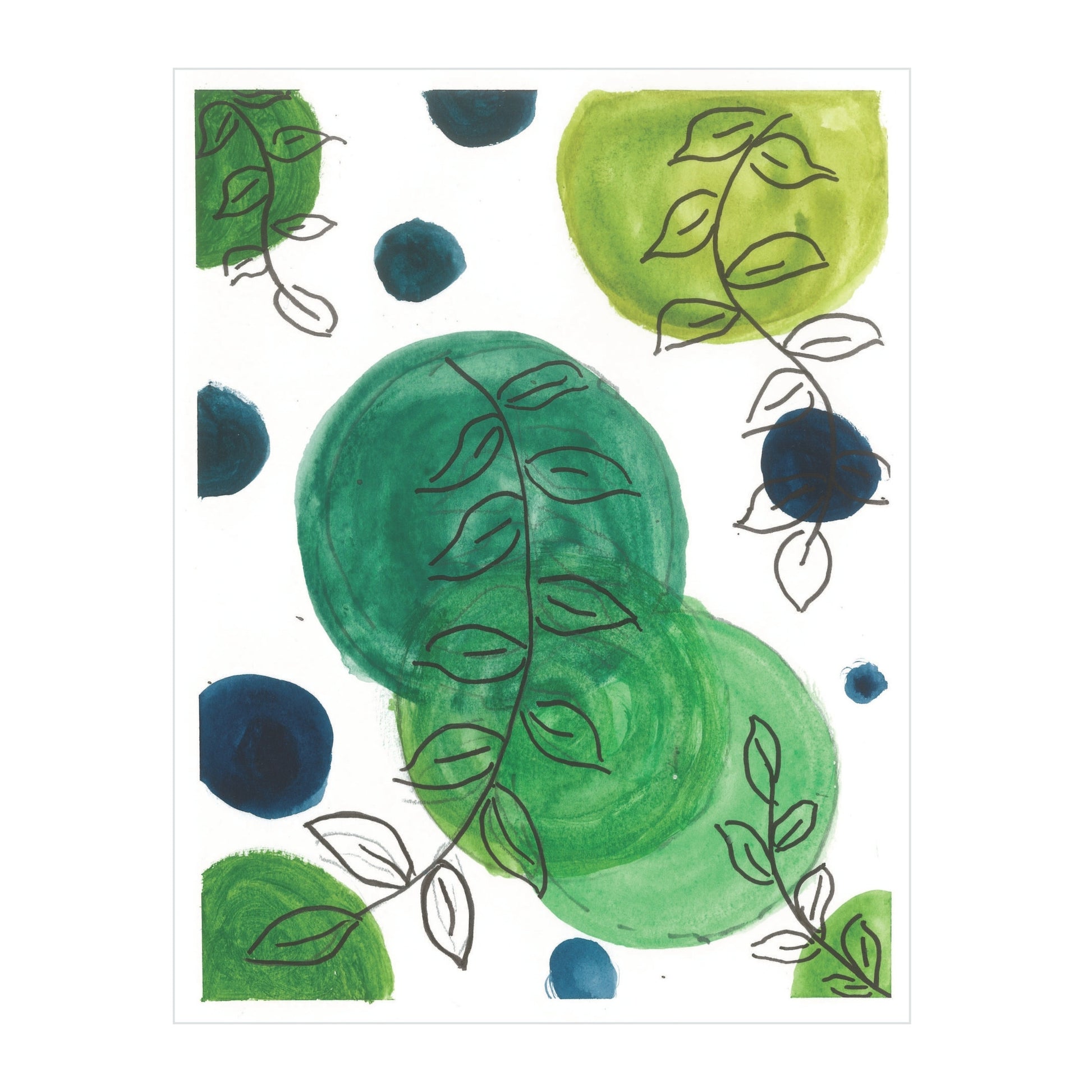 The Leafy Layers - Original Watercolor by Rustic County showcases abstract artwork abundant with lush foliage. Green and blue circles intertwine elegantly with black line-drawn vines and leaves. The white background of this watercolor piece enhances its vibrant hues, offering a striking contrast against the organic shapes.