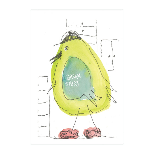 The delightful "Builder Bird - Original Watercolor" by Rustic County showcases a whimsical watercolor creation featuring Builder Bird in a green shirt with the words "GREEN SHIRT." The character is adorned with a hat and red shoes, standing against a simple, sketchy background. Ashley's signature adds an extra touch of charm to this enchanting illustration.