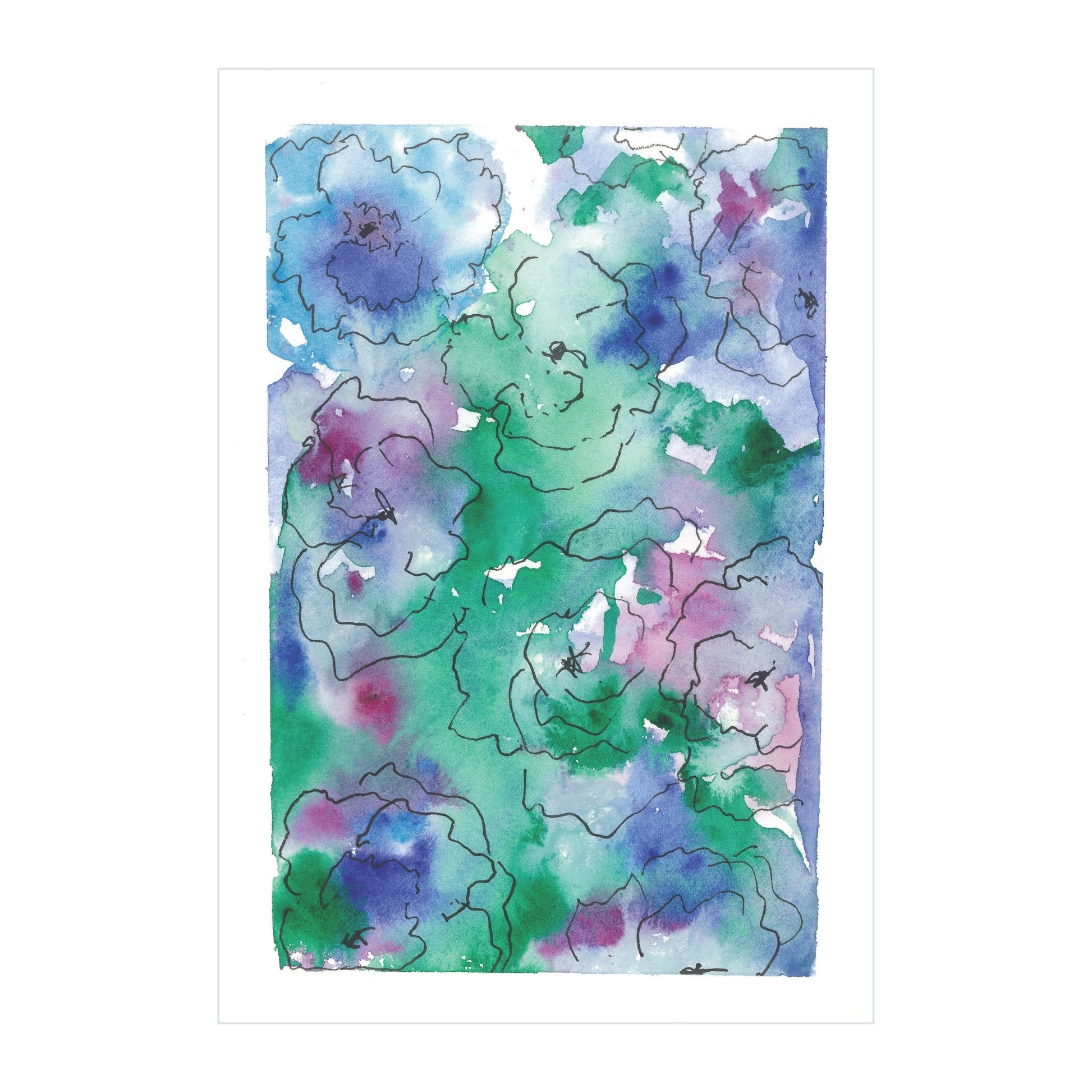 Introducing the "Abstract Florals - Original Watercolor" by Rustic County, an artwork showcasing a vibrant mix of green, blue, purple, and pink hues. Crafted by Ashley, this piece features organic, swirling shapes and lines that evoke fluidity and movement.