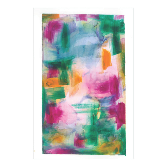 The "Hues of Harmony - Original Watercolor" by Rustic County is a lively abstract piece showcasing bold brush strokes in green, pink, blue, orange, and yellow. The colors seamlessly blend and overlap to form a dynamic composition full of artistic passion and an impressive sense of depth and movement.