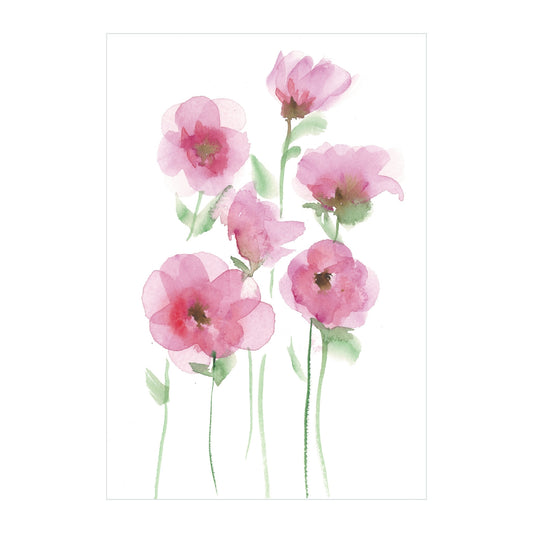 The Perfect Pansies - Original Watercolor by Rustic County showcases six pink flowers with green stems and leaves on a white background. These flowers resemble perfect pansies and vary in shade and size, offering a soft, delicate look that enhances your home décor.