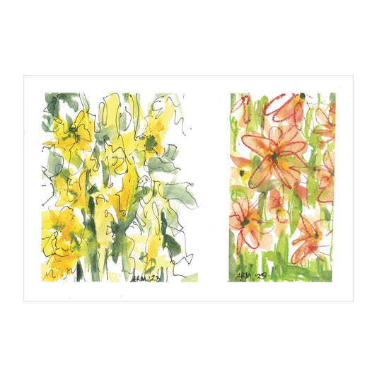 The Dueling Florals - Original Watercolor by Rustic County displays two stunning artworks side by side. The piece on the left highlights vibrant yellow blooms with green accents, while the one on the right features orange flowers complemented by hints of pink and green. Both floral pieces are designed in an impressionistic style with loose, flowing brushstrokes.