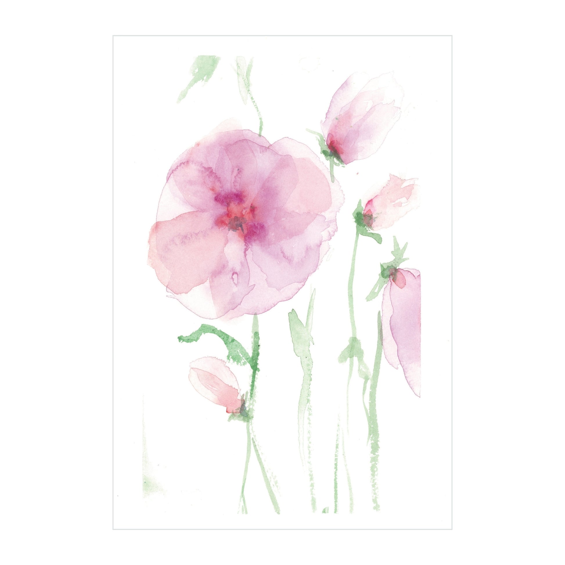 The Pansy Petals - Original Watercolor by Rustic County showcases delicate pink flowers with green stems and leaves against a white background, evoking a light and airy feel with its ethereal style that highlights the exquisite touch of Ashley craftsmanship.