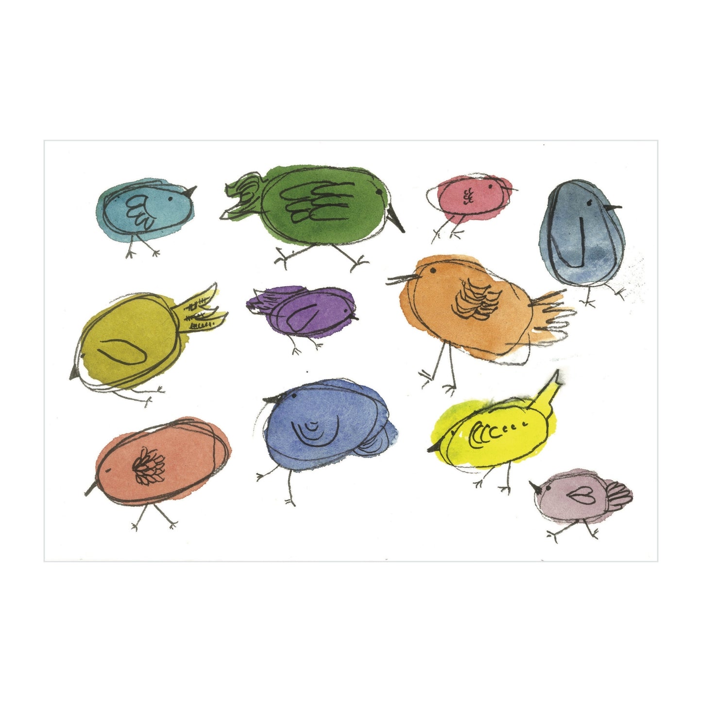 Presenting the "Lively Little Birds Part 1 - Original Watercolor" by Rustic County, a whimsical and original masterpiece displaying twelve uniquely colored birds. Each bird is adorned in playful shades of blue, green, pink, orange, and yellow. Designed with round bodies and minimalistic features like small legs and simple outlines, this work is hand-signed by Ashley.