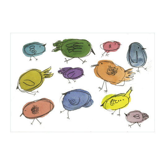 Presenting the "Lively Little Birds Part 1 - Original Watercolor" by Rustic County, a whimsical and original masterpiece displaying twelve uniquely colored birds. Each bird is adorned in playful shades of blue, green, pink, orange, and yellow. Designed with round bodies and minimalistic features like small legs and simple outlines, this work is hand-signed by Ashley.