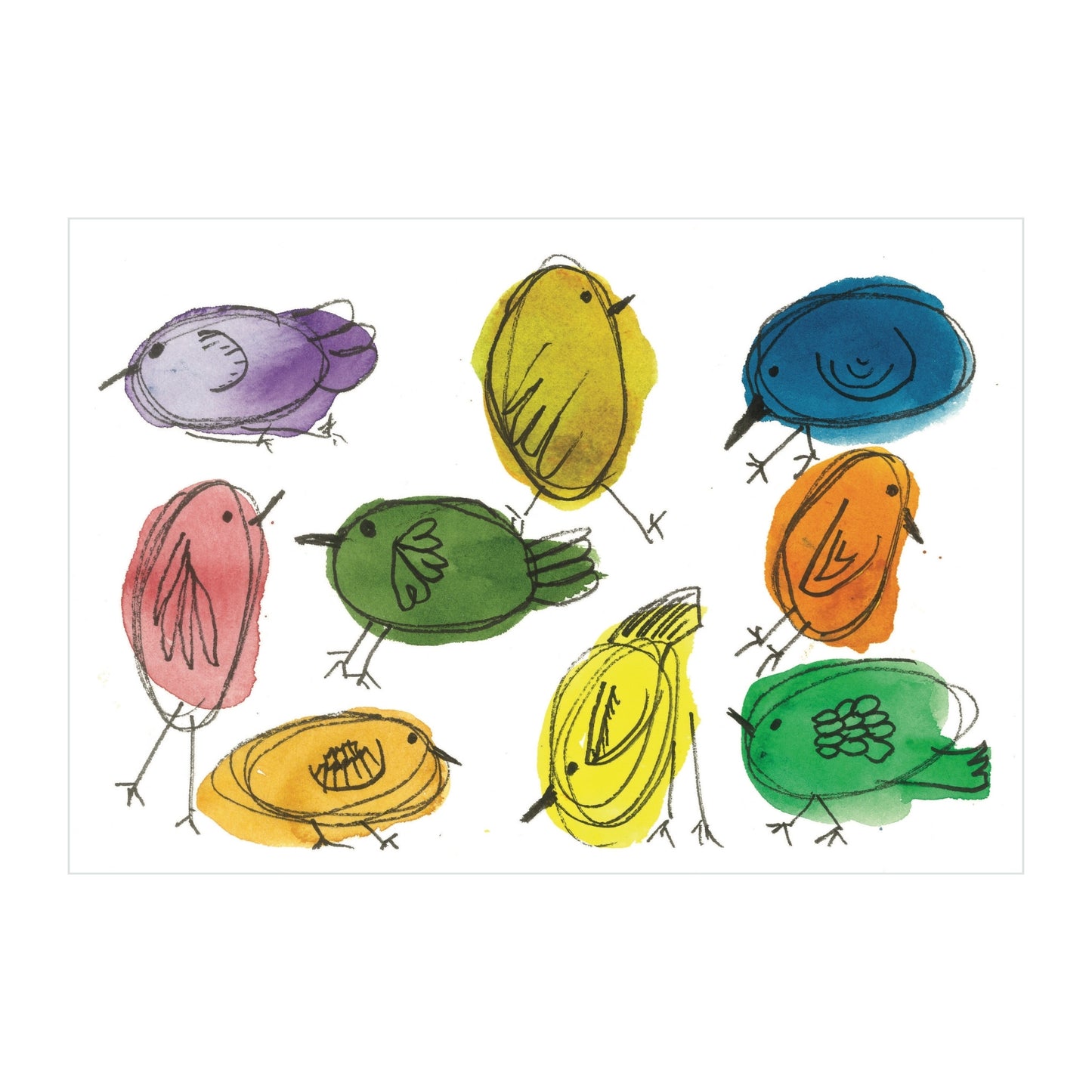 The Lively Little Birds Part 2 - Original Watercolor by Rustic County features vibrant, abstract artwork showcasing nine lively little birds, each in a distinct color: purple, pink, green, yellow, blue, and orange. These birds are crafted with simple line drawings and filled with watercolor-like textures, making them perfect for adding a touch of charm to your home decor.