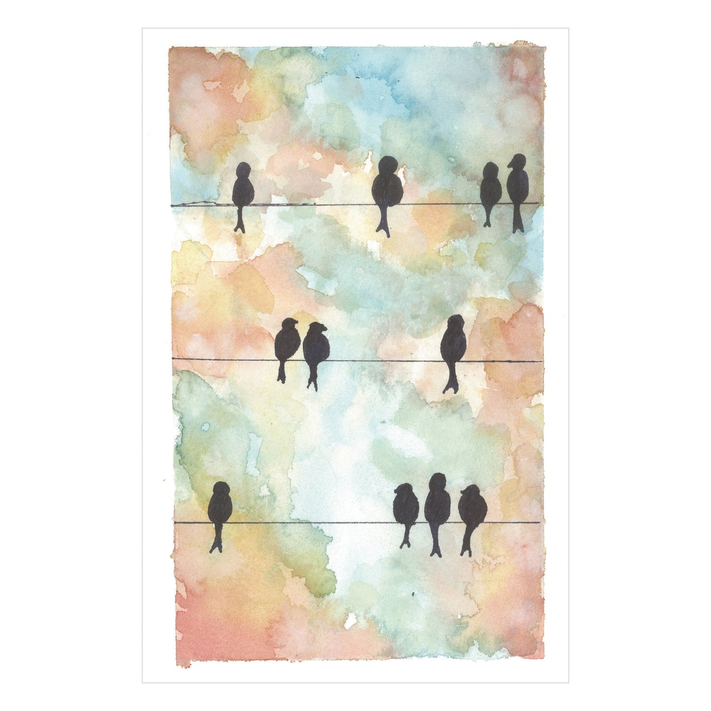 Discover the Birds on a Wire - Original Watercolor by Rustic County, showcasing silhouetted birds perched against a soft backdrop. This artwork beautifully blends abstract hues of blue, orange, green, and yellow reminiscent of a cloudy sky.