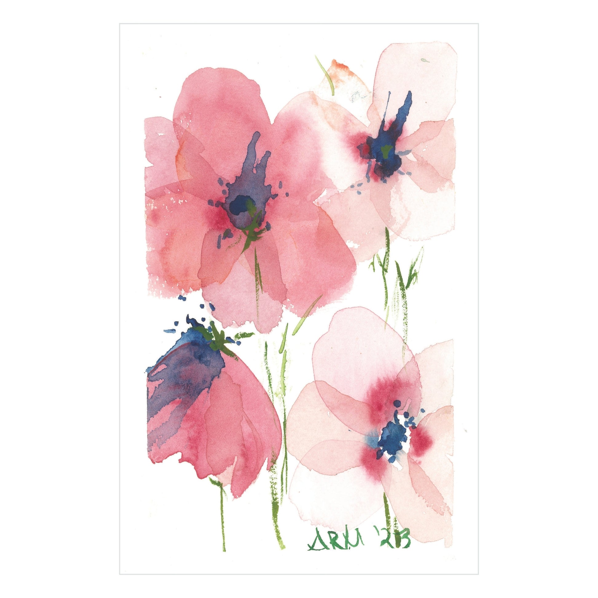 The "Pop of Pansies - Original Watercolor" by Rustic County showcases an exquisite watercolor masterpiece featuring five abstract pink pansies highlighted with subtle blue and green accents. The petals are seamlessly blended, evoking a delicate and airy aesthetic. The artist's signature adorns the bottom, confirming its authenticity as an original piece.