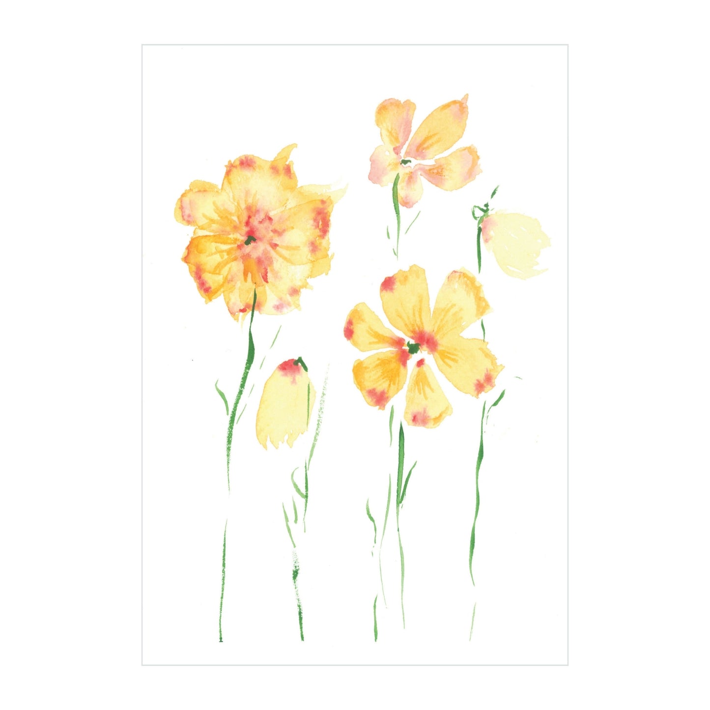 Rustic County's 'Delicate Primroses - Original Watercolor' showcases an exquisite watercolor painting of five delicate primroses in shades of orange and yellow with slender green stems, all set against a pristine white background. The botanical artwork captures the beauty of the floral arrangement with varied sizes, and some petals are subtly enhanced with gentle touches of red.