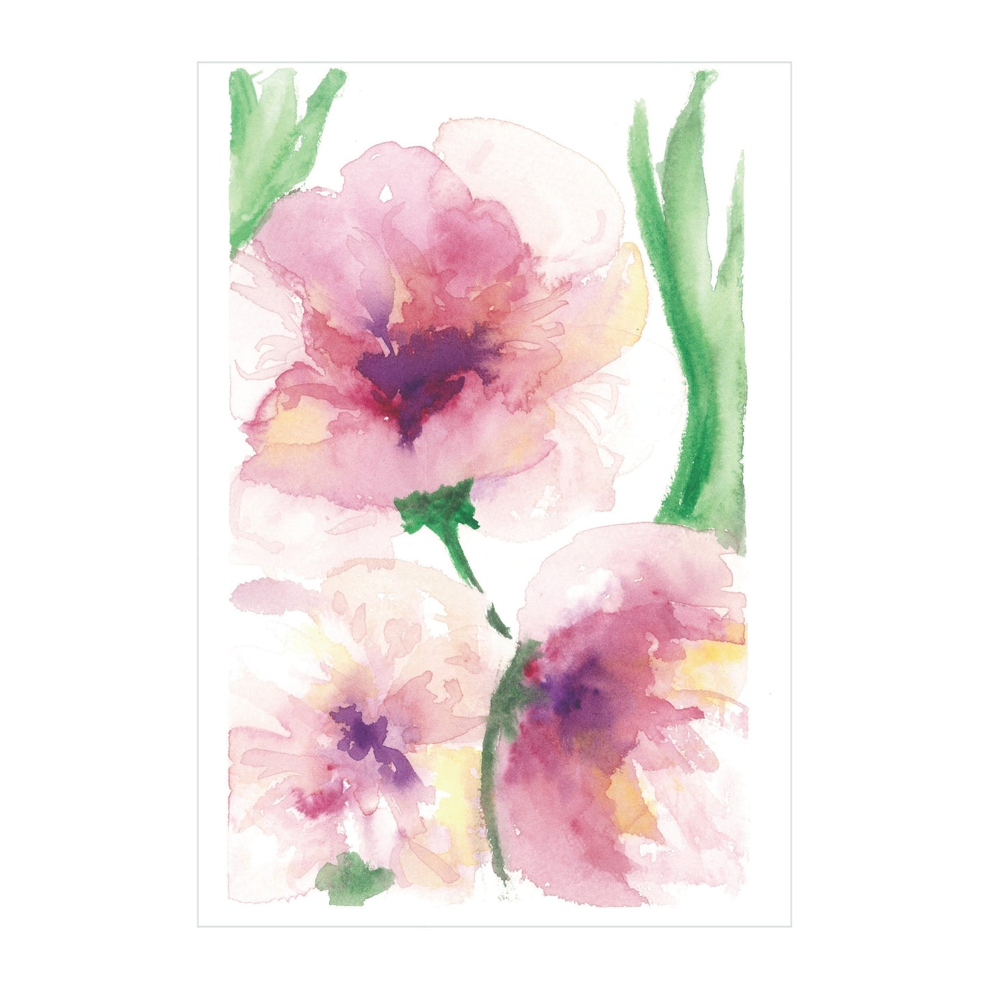 Introducing "Pink Peonies - Original Watercolor" by Rustic County, this artwork captures abstract pink and purple flowers with green stems and leaves on a white background. The delicate, airy design offers a charming resemblance to Pink Peonies.