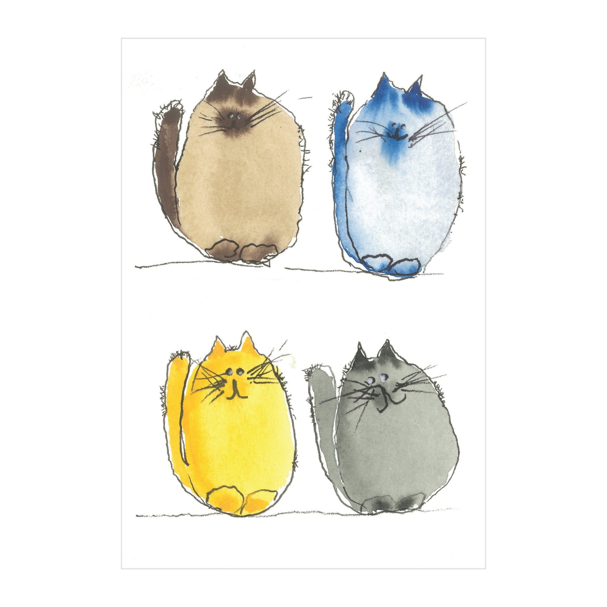 The Fluffy Felines - Original Watercolor by Rustic County showcases a grid of four colorful cats, ideal for cat lovers. These charming felines, rendered in simple and rounded shapes featuring beige, blue, yellow, and gray hues, display small ears and whiskers on expressionless faces for a playful effect.