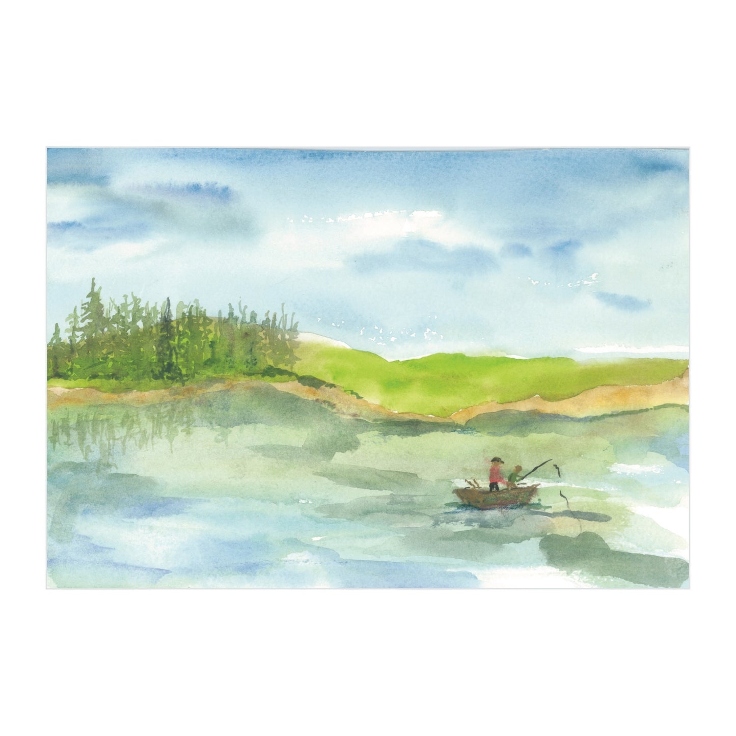 Generations on the Lake, an original watercolor by Rustic County, beautifully captures a lone fisherman set against a serene Maine lake. The horizon reveals lush green hills and a cluster of trees beneath a soft blue sky, evoking cherished memories of tranquil days.