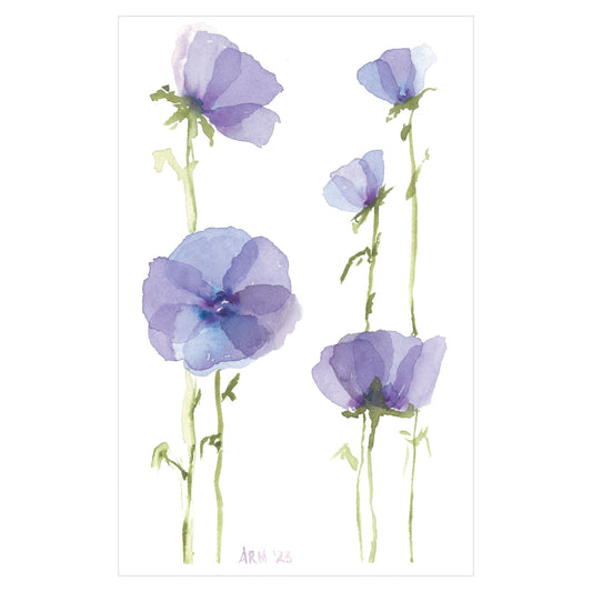 Presenting "Purple Petals - Original Watercolor" by Rustic County, this artwork features a watercolor illustration of delicate purple petals with green stems and leaves set against a white background. The piece beautifully captures the flowers' soft, translucent appearance, with varied stem lengths adding depth to this stunning watercolor creation.