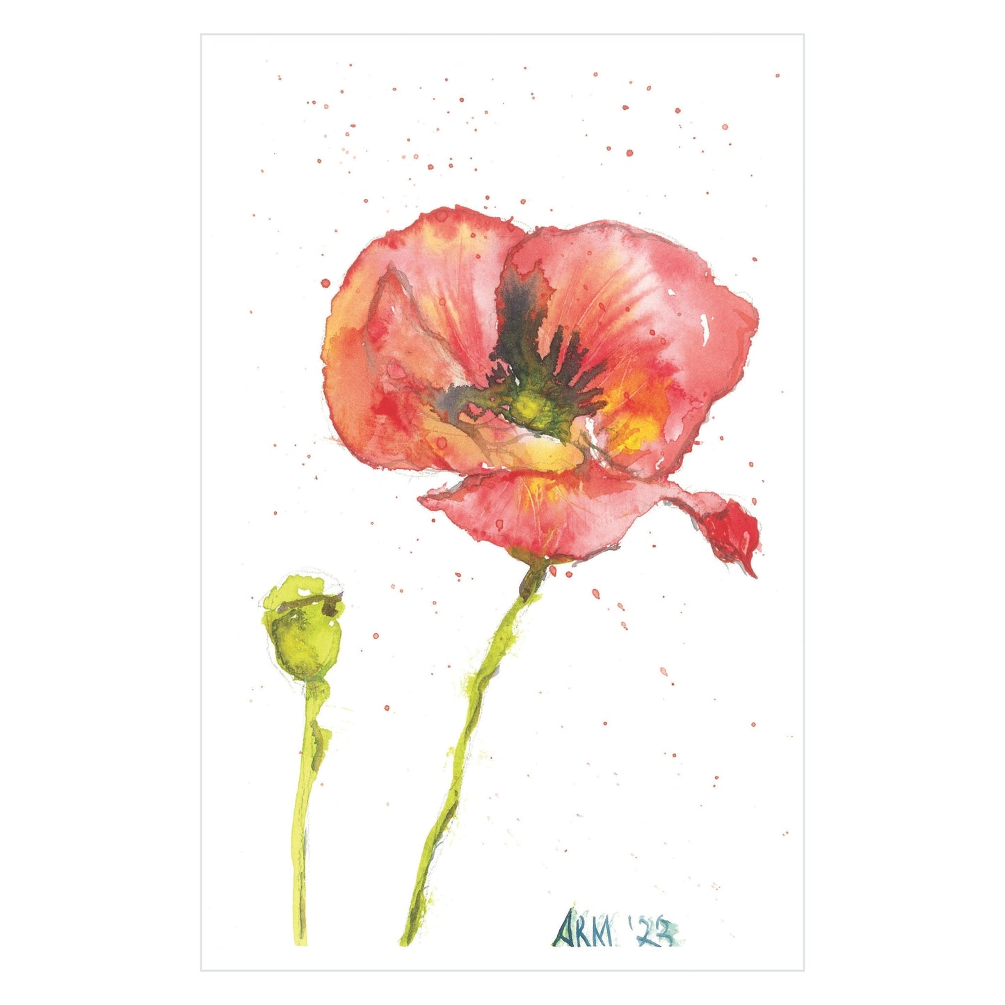 Rustic County's Scarlet Serenity - Original Watercolor is a masterpiece that beautifully captures a red poppy flower with an open bloom and a green bud set against a white background accented by subtle paint splatters. The artist's signature elegantly adorns the bottom.