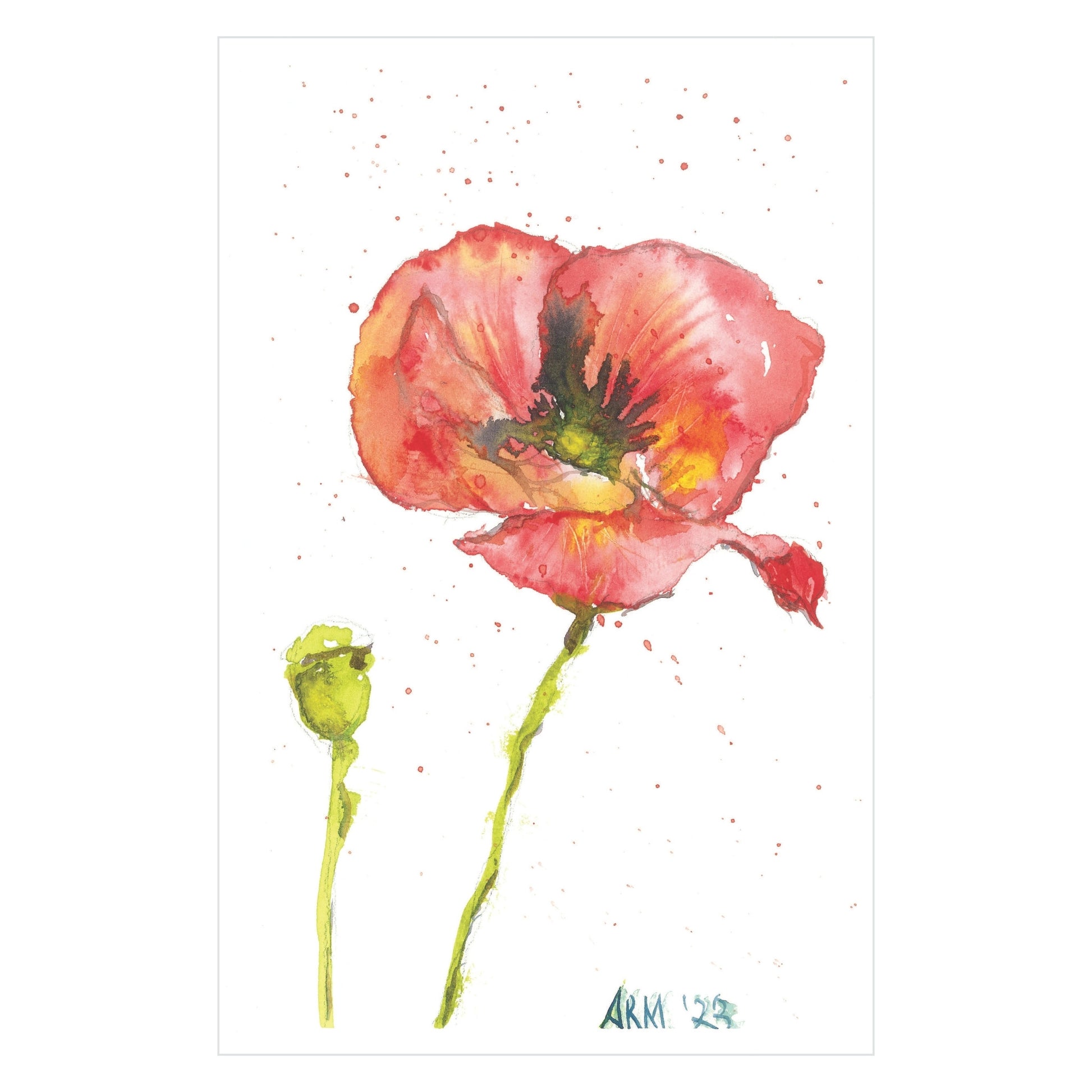 Rustic County's Scarlet Serenity - Original Watercolor is a masterpiece that beautifully captures a red poppy flower with an open bloom and a green bud set against a white background accented by subtle paint splatters. The artist's signature elegantly adorns the bottom.