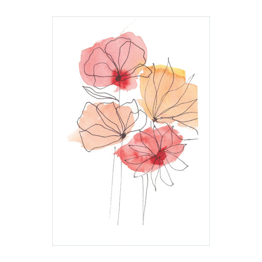 The ''Pretty in Pink - Original Watercolor'' by Rustic County is a delicate artwork featuring flower petals in soft pink, red, and orange hues. Fine black lines outline the petals and stems, creating a minimalist and elegant design on a white background.