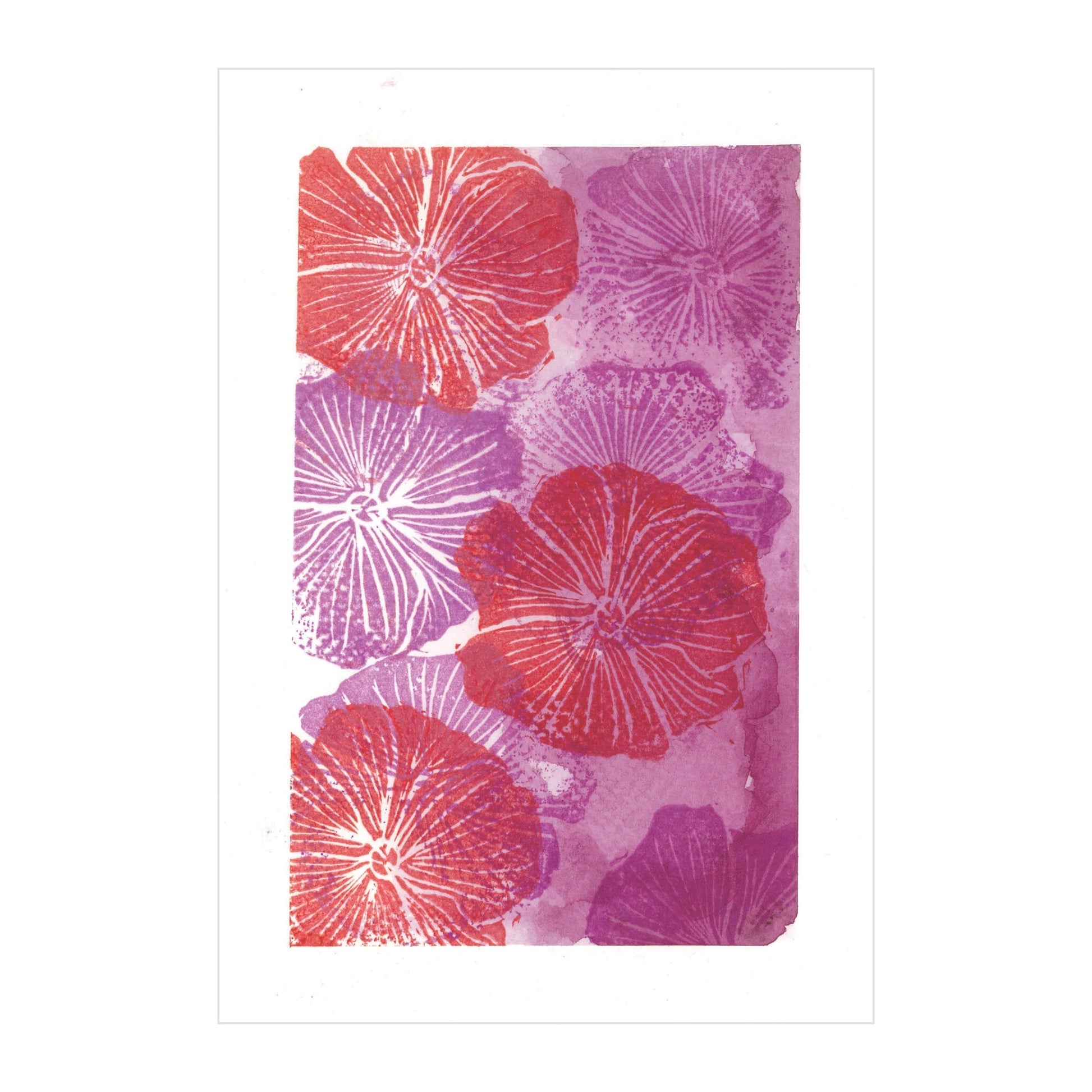 Fiery Flourish - Original Watercolor by Rustic County features overlapping floral patterns in vibrant shades of red, pink, and purple on a white background. The intricate line details of the flowers create a beautifully layered and textured effect.