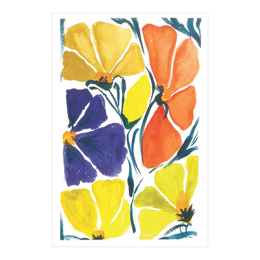 Introducing the "Flowers in Bloom - Original Watercolor" by Rustic County; a bold and vibrant artwork featuring abstract floral designs in shades of yellow, orange, purple, and red with green stems and leaves set against a pristine white background.