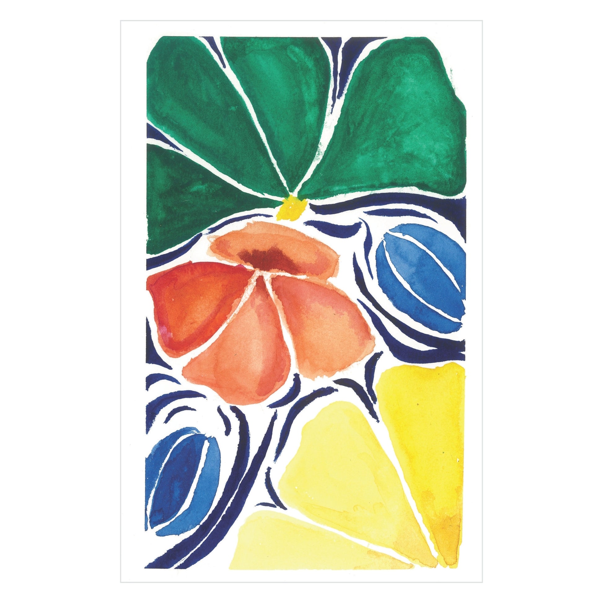 Product Description: The Blooming Bliss - Original Watercolor by Rustic County showcases an abstract masterpiece with overlapping shapes and vibrant colors. It features a dominant green leaf-like form at the top, a striking red-orange bloom at the center, and is surrounded by blue ovals and yellow triangular shapes at the bottom.