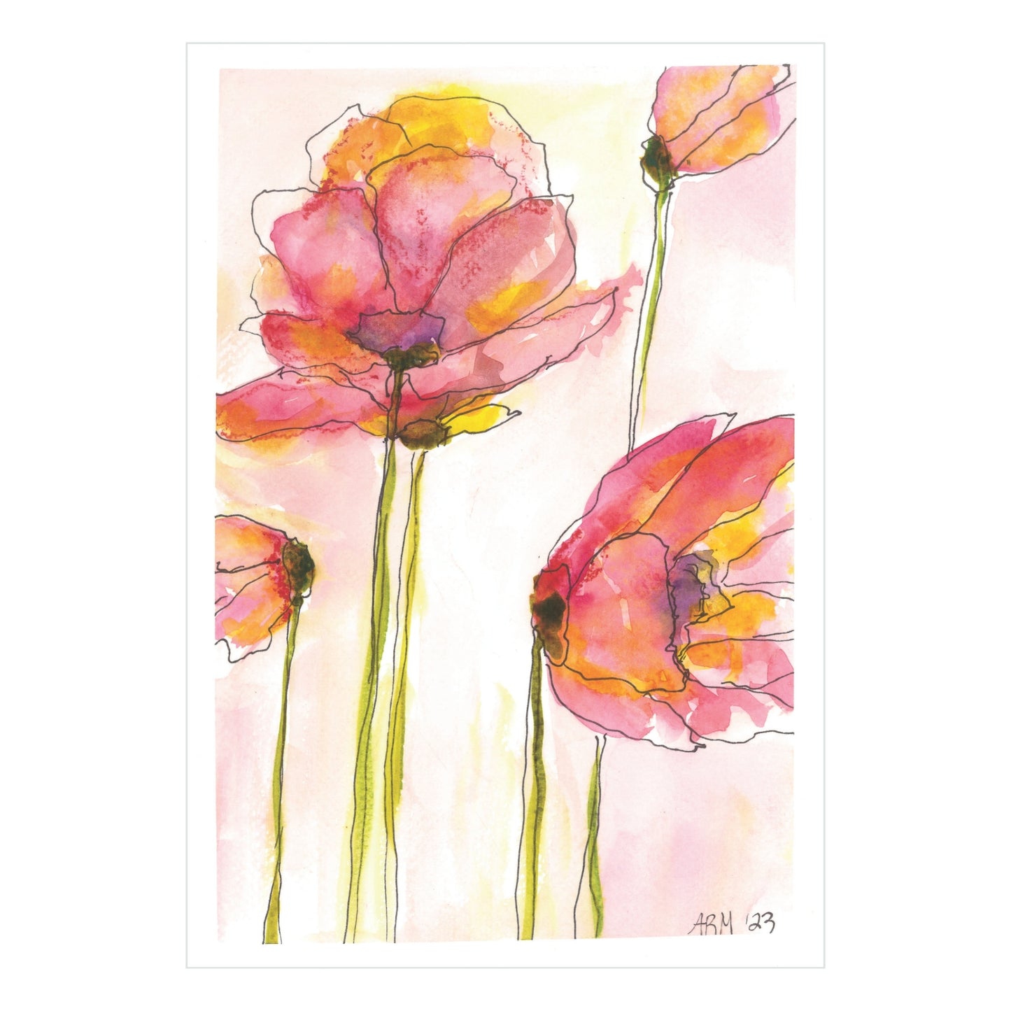 A unique watercolor artwork from Rustic County, titled "Sunrise Splendor", displays vibrant pink and orange flowers with green stems on a light background, signed by Ashley with "ARN '23" in the lower right corner.