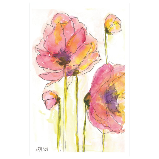 This Rustic County product, titled "Sunset Serenade - Original Watercolor," features vivid pink poppies accented with touches of yellow and orange. The design highlights floral motifs with flowers having dark centers and tall green stems set against a light background. The artist's initials, "ARM '23," are elegantly placed in the bottom left corner.