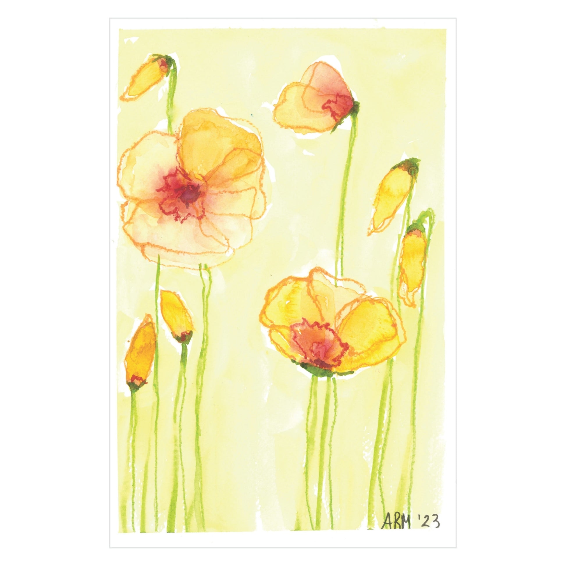 The "Summer Florals - Original Watercolor" by Rustic County features a vibrant display of poppies with bright orange and yellow petals, accompanied by long green stems set against a soft yellow background. The artist's initials, "ARM '23," are visible in the bottom right corner.