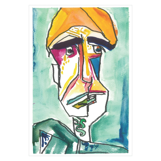 Introducing "Bob - Original Watercolor" from Rustic County: This captivating artwork features a human face with exaggerated features and vibrant hues. The face is adorned with a long, narrow nose and a prominent brow, painted in an enticing mix of yellow, pink, orange, and green. A soft blend of greens and blues enhances the background. Authentically signed by Ashley.