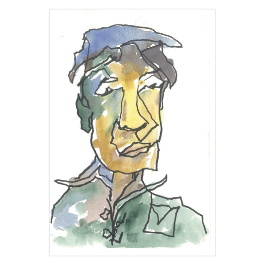 The Henry - Original Watercolor by Rustic County is a one-of-a-kind portrait featuring a person in a blue cap, highlighted with distinctive features and bold lines. This expressive, abstract artwork utilizes a vibrant palette of yellow, green, and brown, making it an exclusive standout piece.