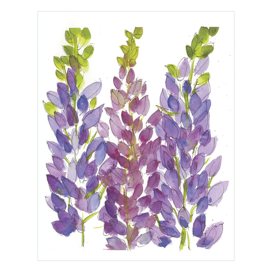 Presenting the "Lavish Lupins - Original Watercolor" by Rustic County, an exquisite piece highlighting tall, purple lupin flowers enriched with vibrant green and lavender tones. The artwork showcases three main stems beautifully decorated with lush leaves and layered petals, all set against a pristine white background.