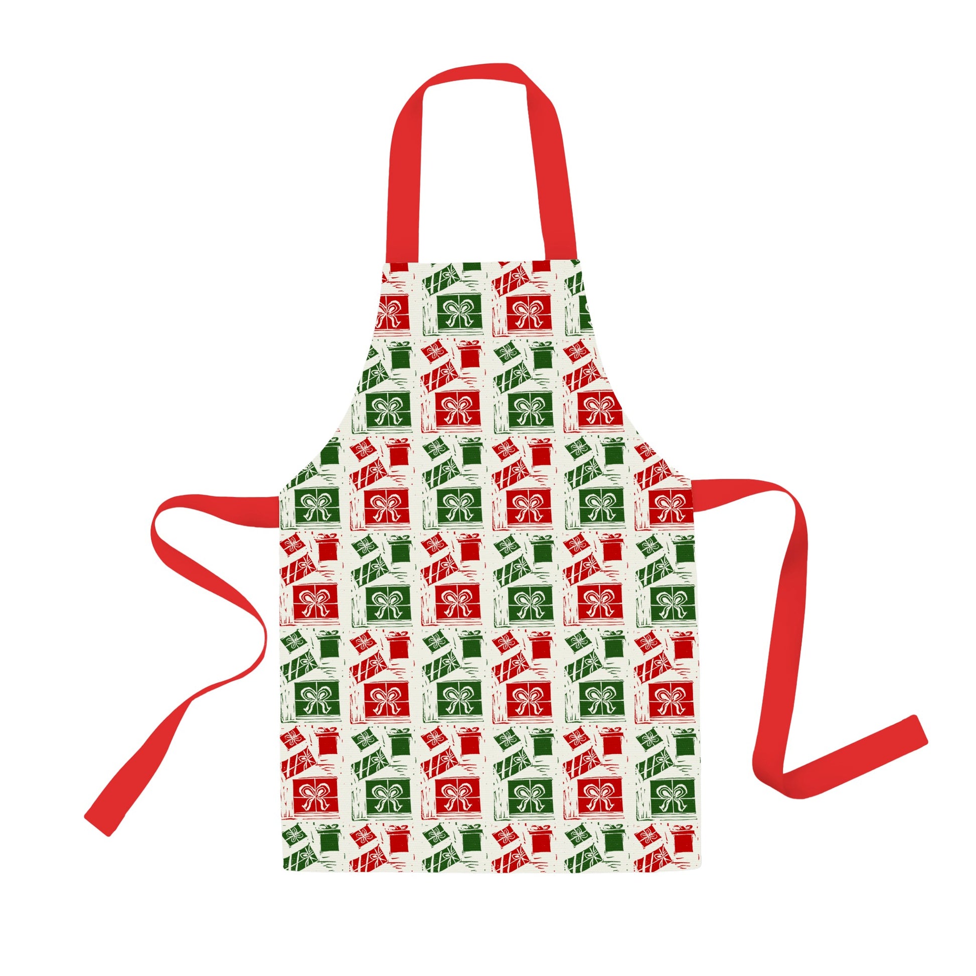 The Rustic County Jolly Holiday Gifts Apron showcases a joyful design of red, green, and white gift boxes adorned with bows. It features durable, comfortable red straps for tying and a neck loop, making the repeated pattern across the fabric perfect for spreading holiday cheer.