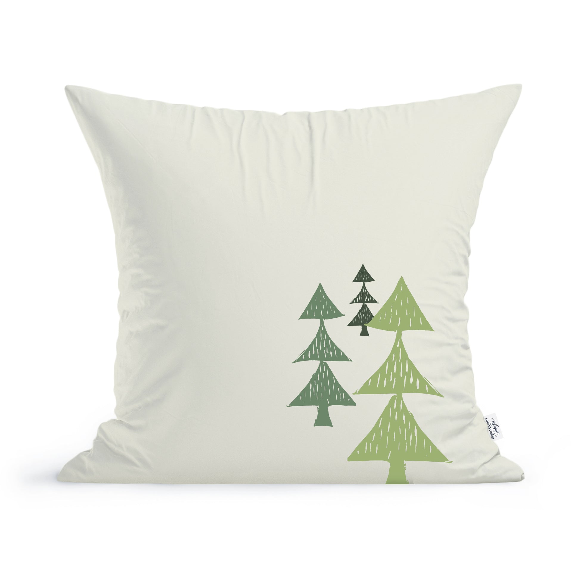 The Rustic County Winter Timberline Pillow is an essential addition to your home decor, showcasing a minimalist pattern of green pine trees in different shades and sizes along the right side. Its square white design brings a festive flair, making it the ideal holiday accessory.