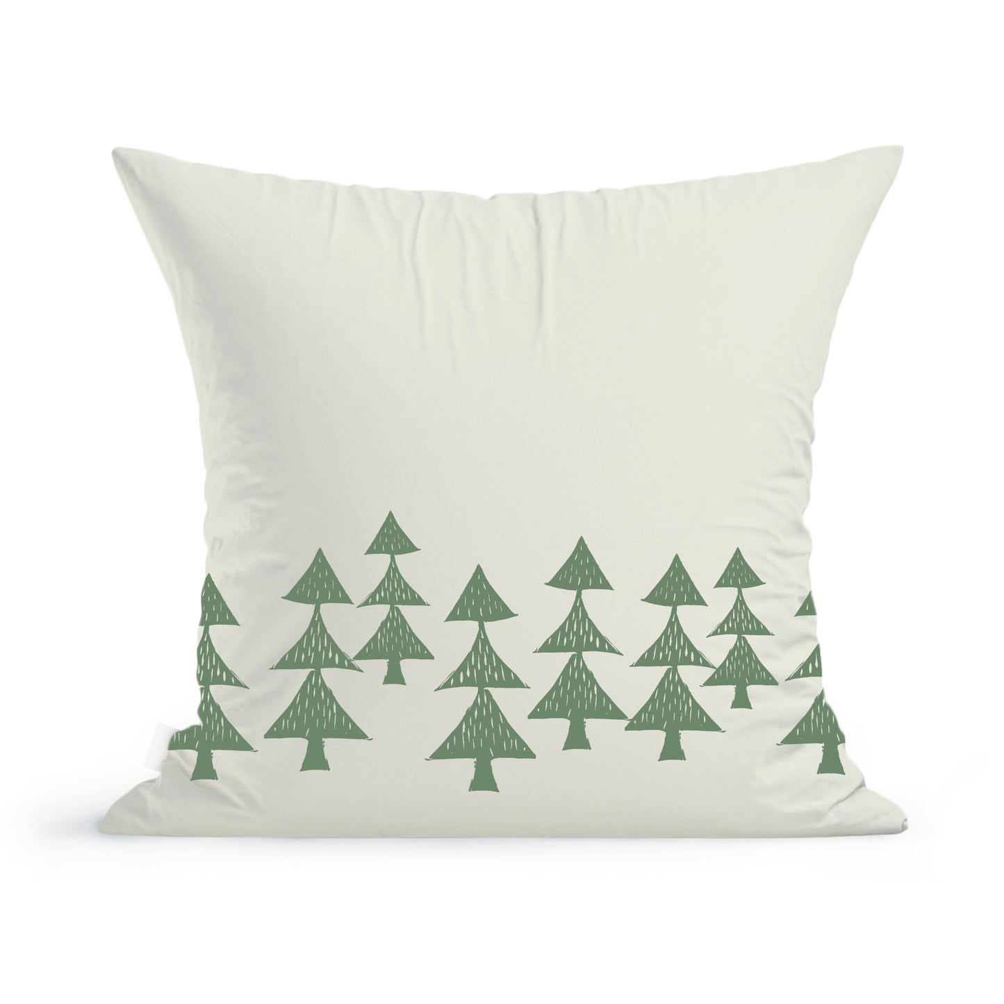 Introducing the Winter Timberline Pillow by Rustic County—a square white pillow featuring a pattern of green, stylized pine trees along the bottom edge. This home decor piece embodies a simple and minimalist design, making it a perfect tranquil, nature-inspired holiday accessory.