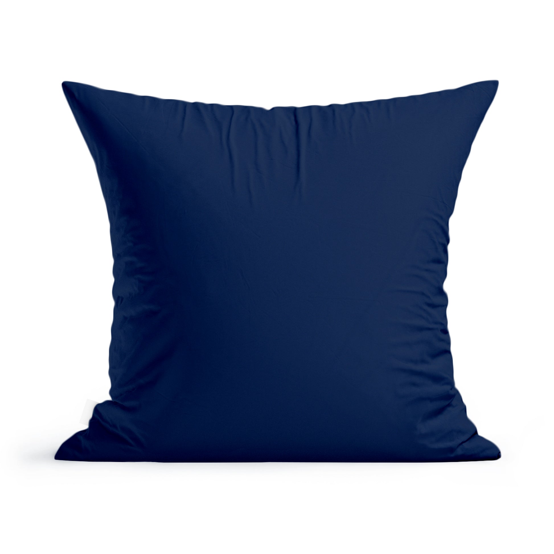 A square navy blue pillow with a smooth fabric sits against a white background. The edges of the Maine Pinecones Pillow by Rustic County are neatly sewn, and the surface appears even and clean.