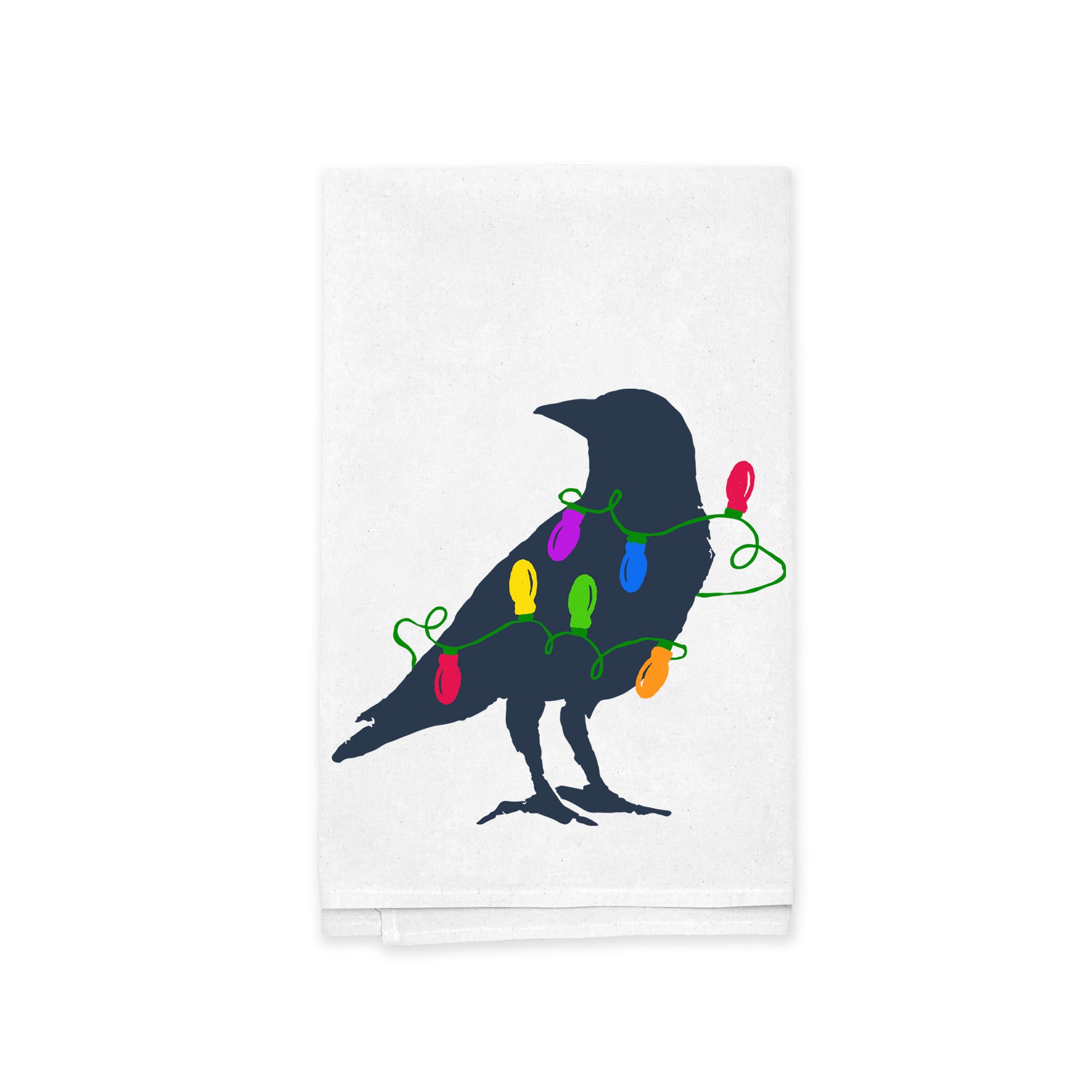 Crafted by Rustic County, the Merry Crowmas Kitchen Tea Towel features a silhouette of a crow adorned with vibrant holiday lights against a white cloth background, designed from high-quality materials to bring charm to your holiday decor.