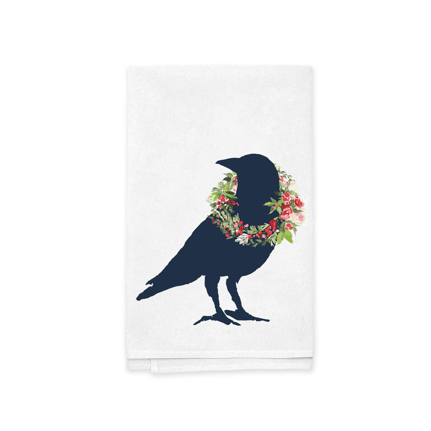 The Holiday Wreath Crow Kitchen Tea Towel by Rustic County features a silhouette of a black crow adorned with a festive wreath around its neck, decorated with pink and red flowers and green leaves—ideal for adding a touch of holiday charm to your kitchen.