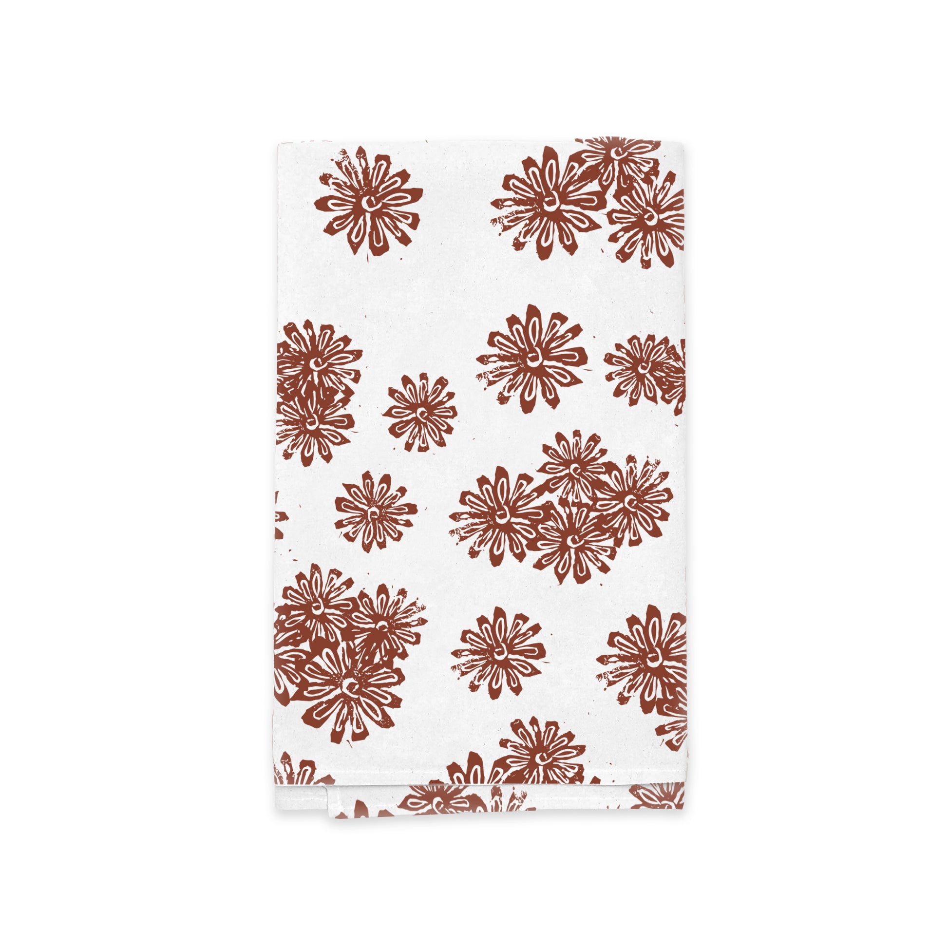 A white Rustic County kitchen tea towel with a pattern of brown Wild Daisies. The towel is neatly folded and displayed against a plain background.