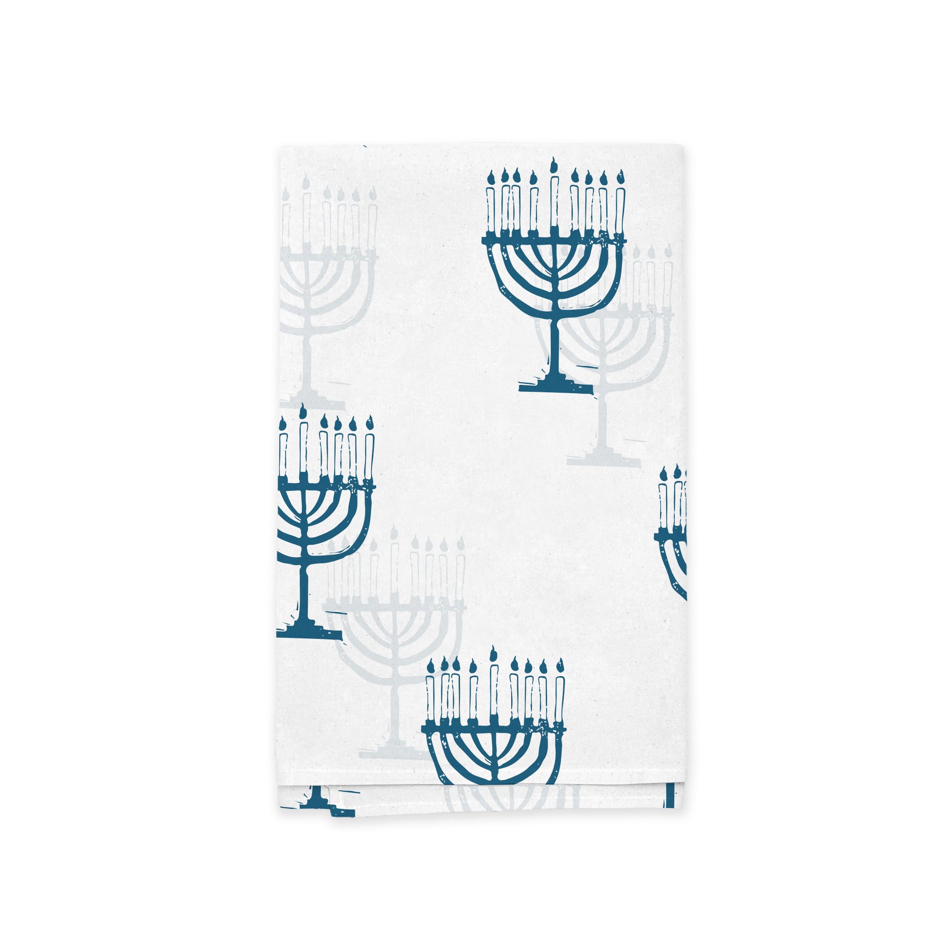 Introducing the Festival of Lights Kitchen Tea Towel by Rustic County - a charming white kitchen towel featuring an array of blue menorah patterns in different sizes, each brilliantly displaying nine lit candles. Scattered across the fabric, these menorahs embody the festive spirit, making it an ideal choice for Hanukkah celebrations.