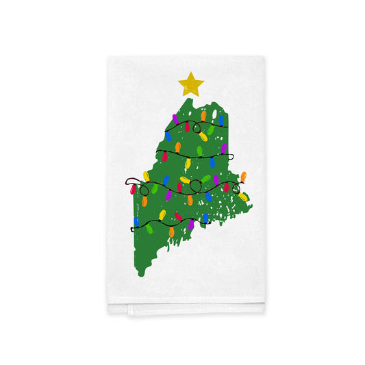 The State of Maine Holiday Kitchen Tea Towel by Rustic County is an ideal addition to your kitchen decor. It features a green outline of the state of Maine, beautifully adorned with vibrant Christmas lights and finished with a bright yellow star.