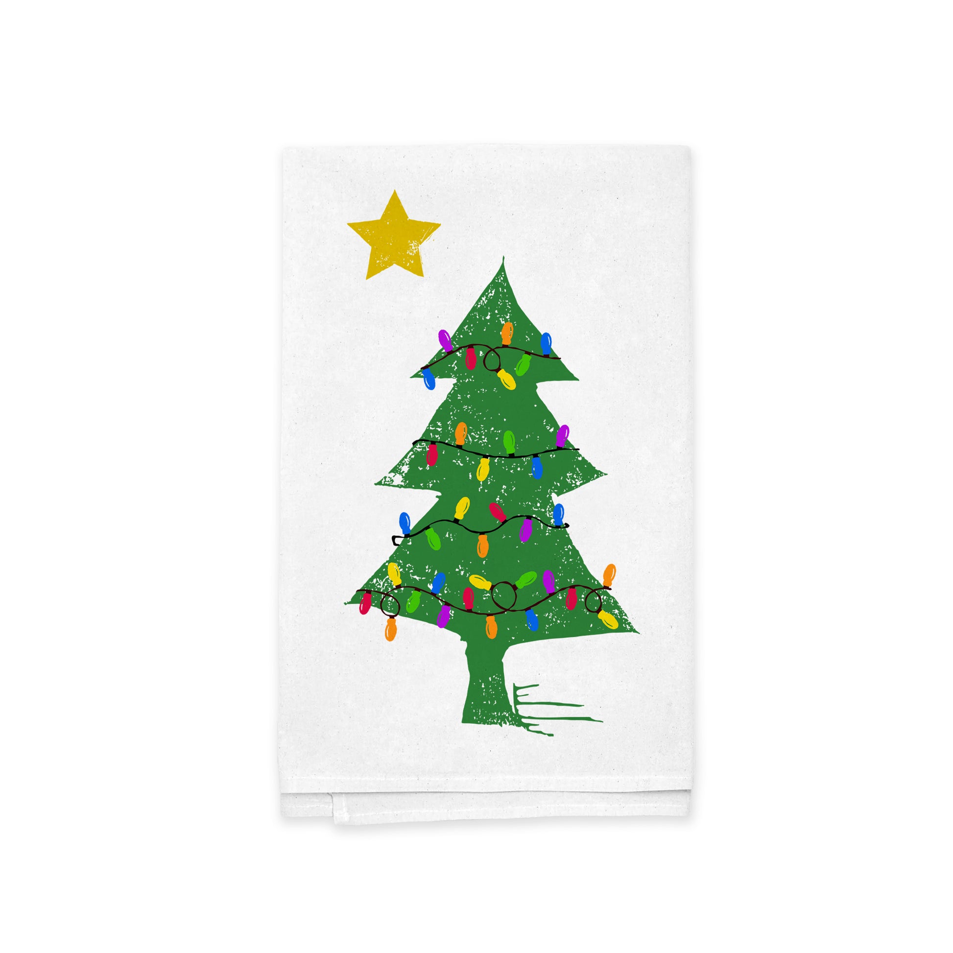 Discover the Rustic County North Star Pine Kitchen Tea Towel: a pristine white towel featuring a beautifully decorated Christmas tree with vibrant lights and a shining yellow star crowning it. Made from premium materials, this festive kitchen accessory adds a delightful touch of holiday spirit to your home.