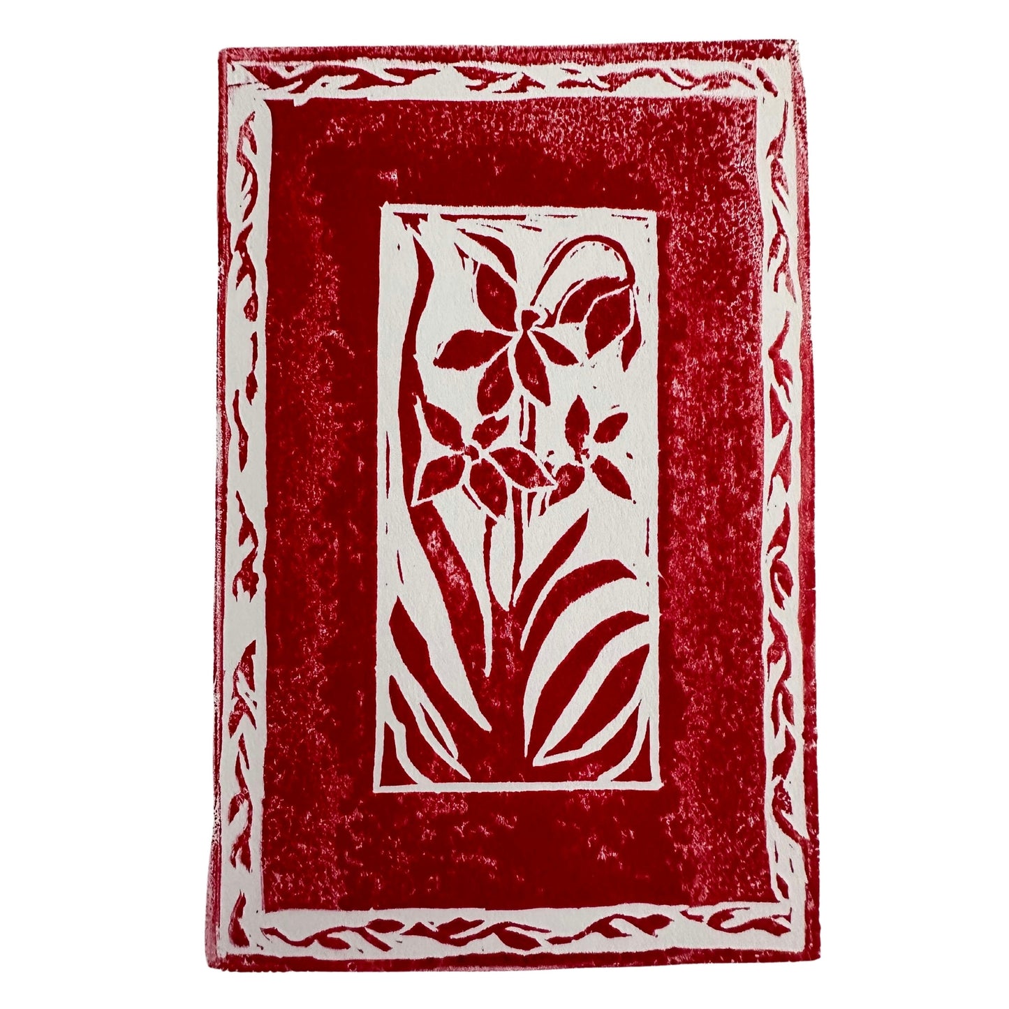 Discover the elegance of Framed Florals Handmade Stamp Art by Rustic County, featuring a unique handcrafted red and white block print with stylized flowers and long leaves at its heart. The personalized art is beautifully enhanced by a decorative border adorned with vine patterns, making it ideal for those who appreciate exquisite stamp art.