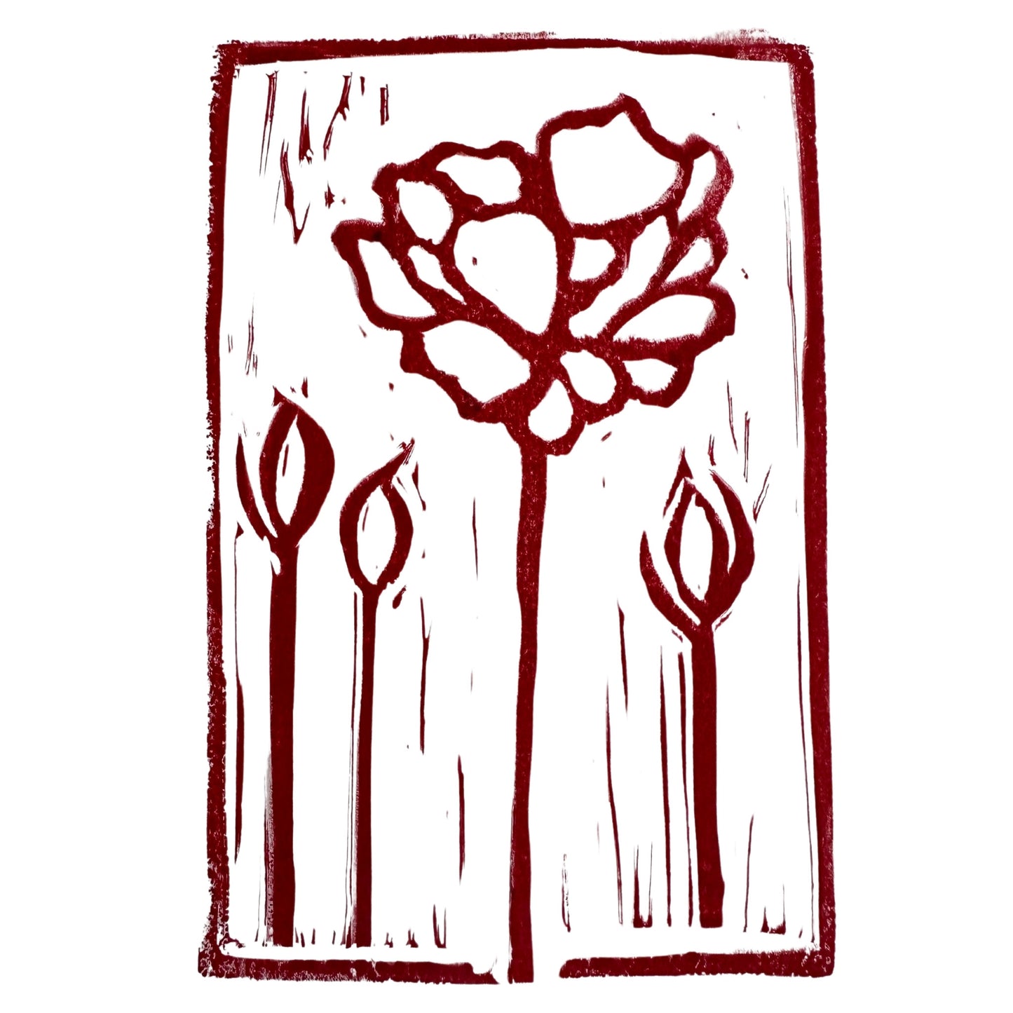 The "Inked Petals Handmade Stamp Art" by Rustic County features a large, stylized flower with abstract petals and a tall stem, surrounded by four smaller, bud-like shapes. This custom piece is crafted in bold maroon lines against a white background.