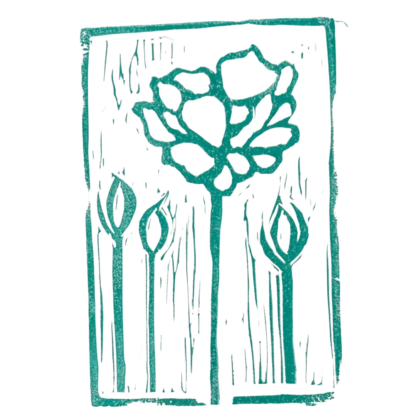 The "Inked Petals Handmade Stamp Art" by Rustic County features a teal linocut print of a tall stylized flower with a large bloom and three smaller buds on stems. This custom piece, with its textured background that adds a rustic effect, is ideal for those who appreciate unique art pieces.