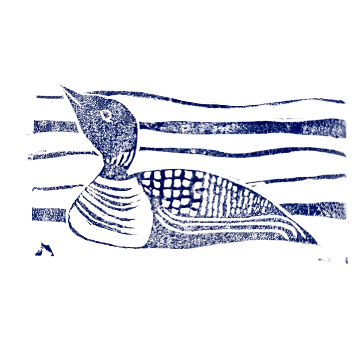 A stylized depiction of a bird, reminiscent of the Maine Loon Handmade Stamp Art by Rustic County, showcases intricate patterns against a striped backdrop. The abstract design employs bold navy blue lines on a white canvas, exuding the charm of personalized artwork.