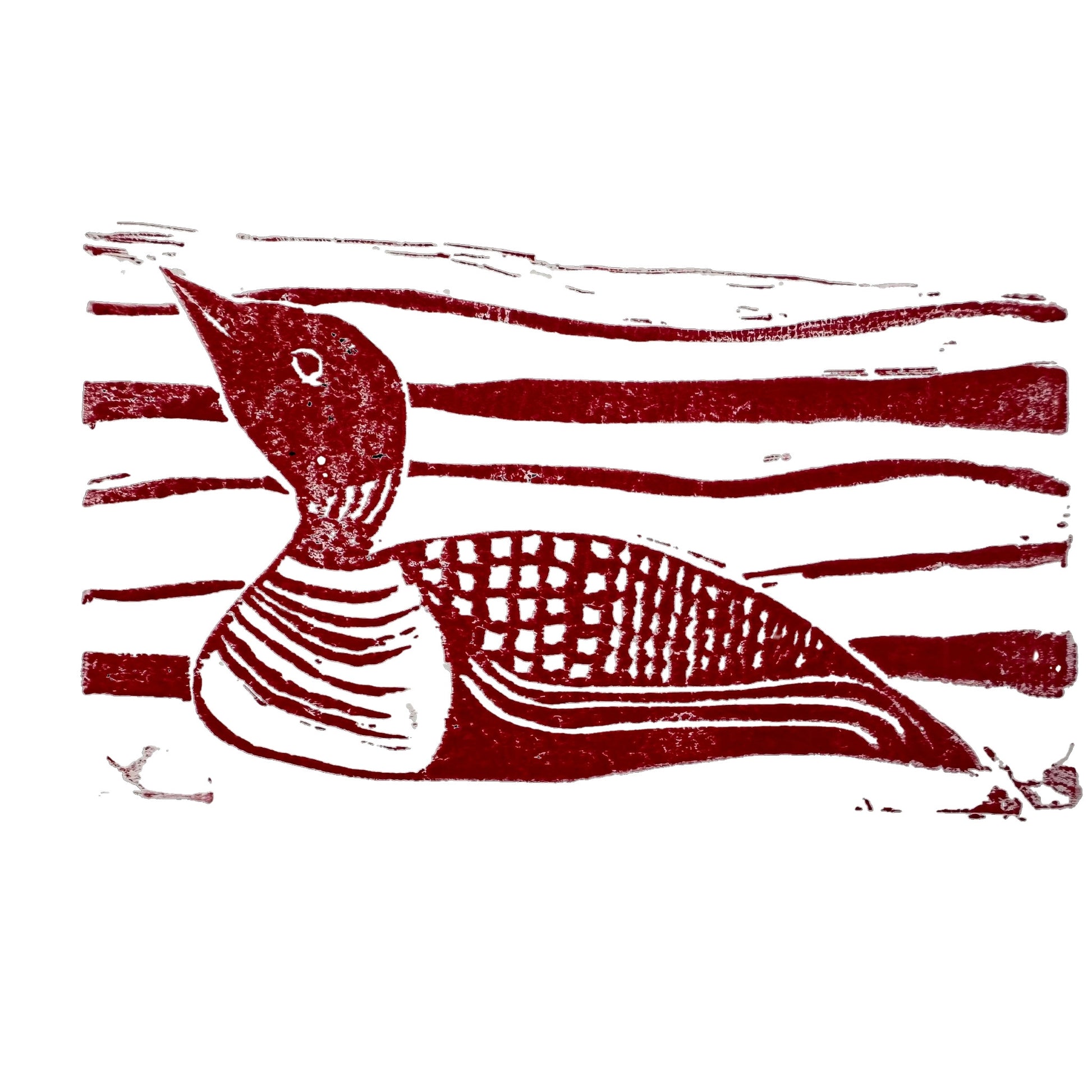 The "Maine Loon Handmade Stamp Art" by Rustic County presents a stylized, textured illustration of a loon with intricate patterns on its body set against parallel horizontal lines. The image is highlighted with shades of red on a white backdrop, creating a personalized artwork effect.